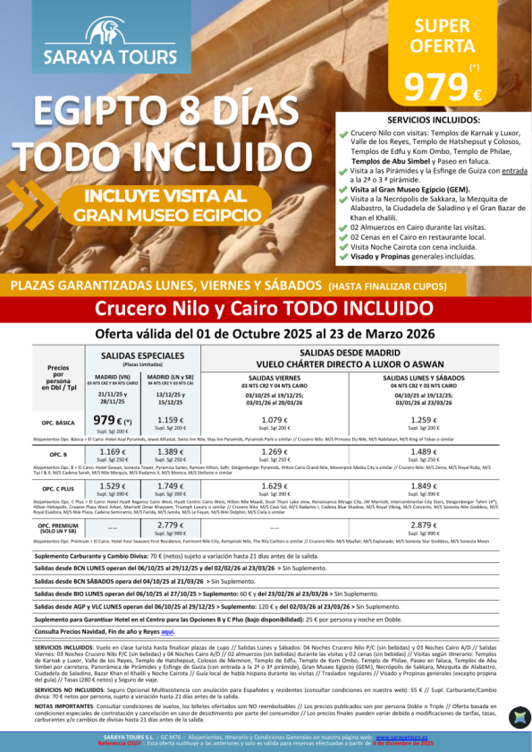 Egipto Todo Incluido 8d. *Salidas Mad,Bcn,Bio,Agp,Vlc* Crucero y Cairo+ visitas, Propinas y Visado. Desde 929 &euro; 