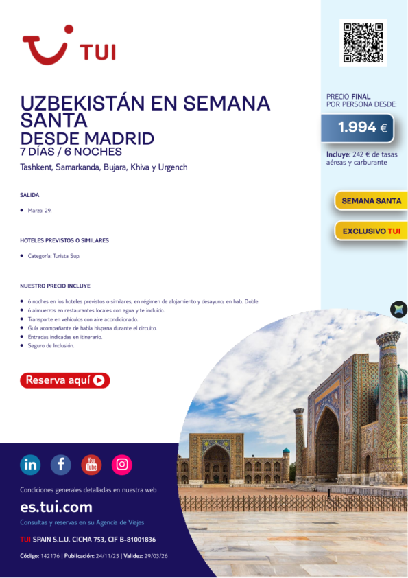 Uzbekistán en Semana Santa. 7 días / 6 noches. Exclusivo TUI. 29 MAR desde MAD desde 1.994 &euro; 