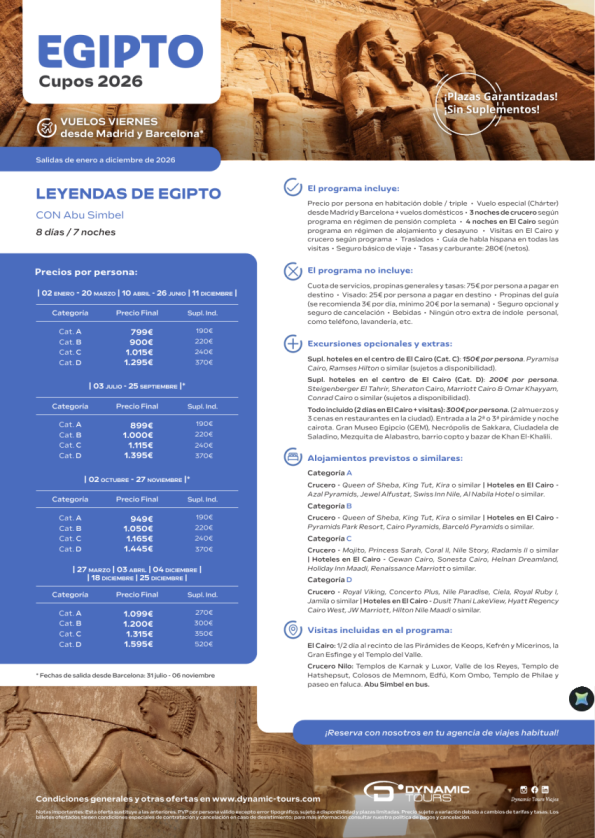 EGIPTO ?Leyendas de Egipto CON Abu Simbel??3cru+4cai?(? Madrid y Barcelona) desde 799 &euro; 