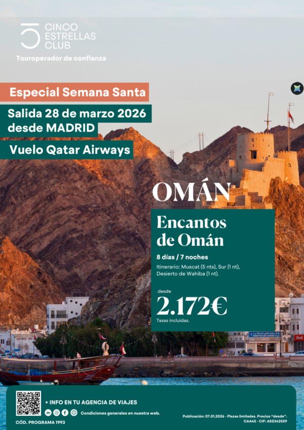 Cupos Semana Santa Ecantos de Omán PVP 2.172 &euro; 8ds/7n  salida 28 de marzo desde Madrid