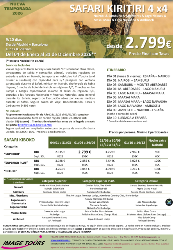 KENYA Kiritiri 2026: Samburu & Aberdares & Nakuru & M. Mara & Naivasha & Amboseli, dsde 2.805 &euro; tasas incluidas