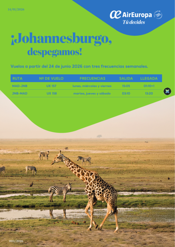 Nueva ruta Johannesburgo ¡despegamos! Vuelos a partir del 24 de junio 2026 con tres frecuencias semanales