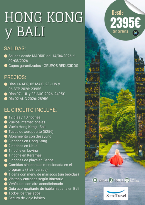 Hong Kong y Bali: Circuito 12 días con visitas y playa [Cupos y precios garantizados] (APR-SEP)  *Desde 2395 &euro; *