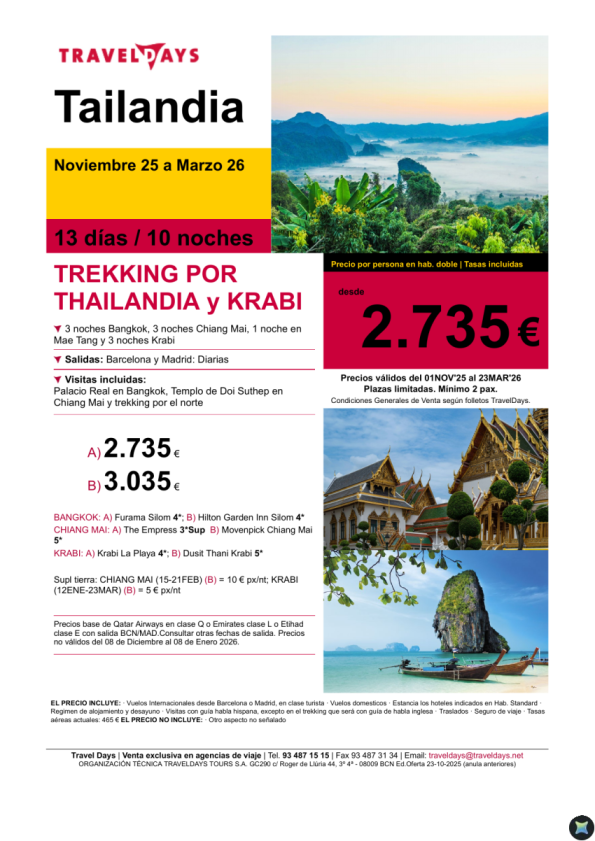 Trekking por Thailandia  y Krabi - 13 días de viaje desde BCN/MAD/BIO a partir de 2.735 &euro; 