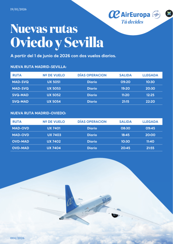 Nuevas rutas desde Madrid a Oviedo y Sevilla. A partir del 1 de junio de 2026 con dos vuelos diarios