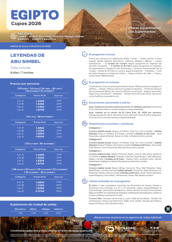 EGIPTO ?leyendas de Abu Simbel T.I??4cru+3cai?(? Madrid, Barcelona, Valencia, Málaga y Bilbao) desde 1.259 &euro; 