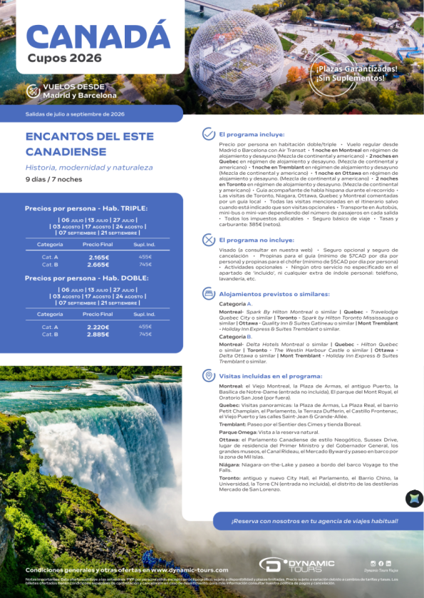 CANADÁ ?Encantos del Este Canadiense??9 días / 7 noches?(? Madrid y Barcelona) desde 2.220 &euro; 