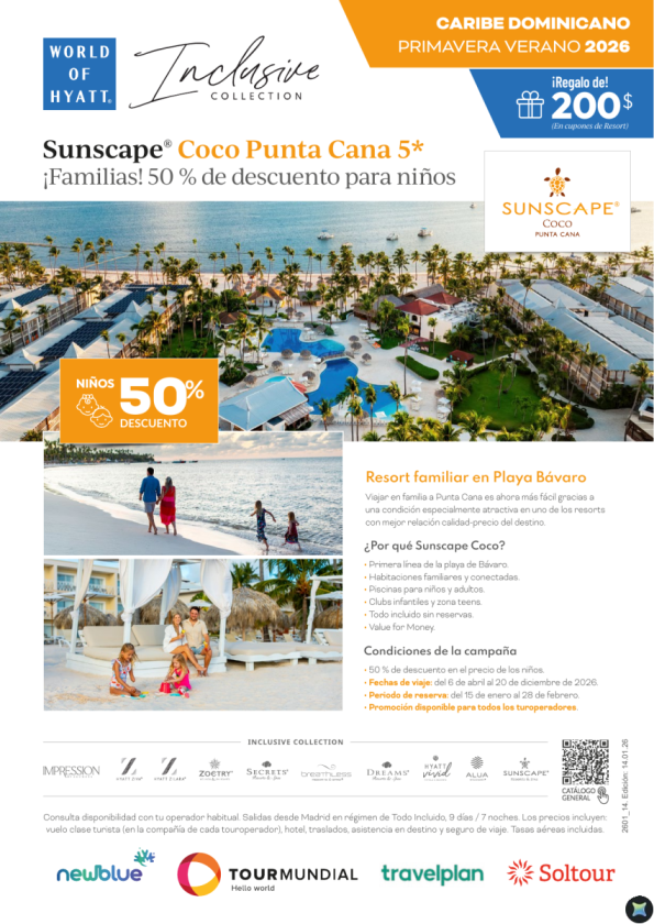 50% descuento para NIÑOS en Sunscape Coco Punta Cana. Reservas hasta 28 Feb - Travel Window: 6 abril al 20 Dic