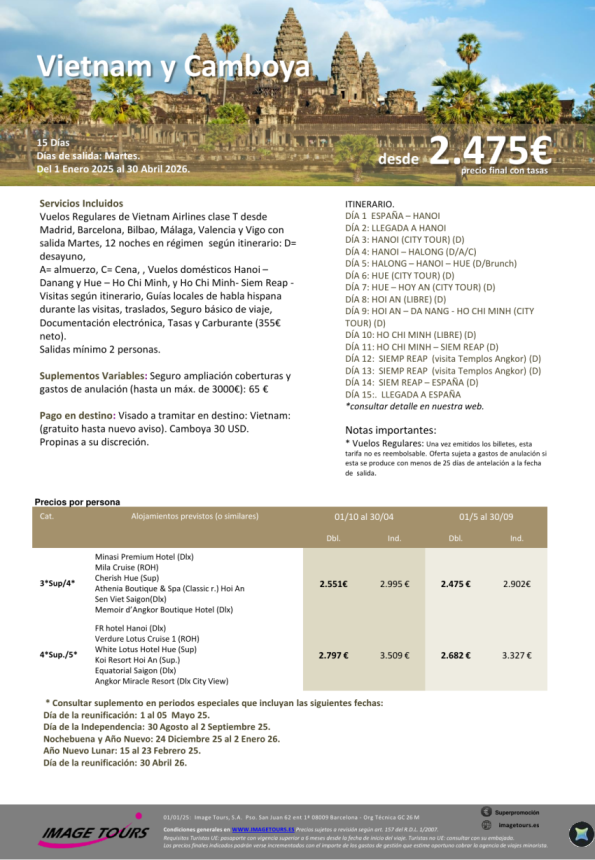 Vietnam y Camboya, 15 días de viaje desde 2.475 &euro; hasta abril 2026
