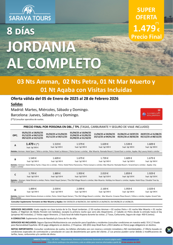 Jordania al Completo 8 días: Amman, Petra, Mar Muerto y Aqaba con Visitas Incluidas hasta Feb 27