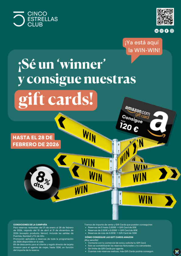 Vuelve La Win Win hst 120 &euro; en gift Cards para tí! 8% dto para tu cliente para reservas hasta el  28 de febrero