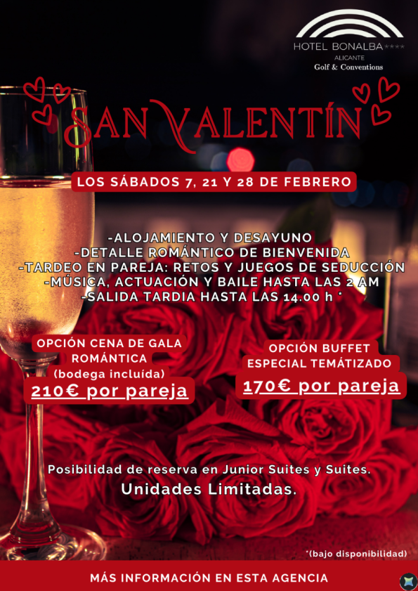 Todos los sábados de Febrero celebramos San Valentín en Hotel Bonalba Alicante