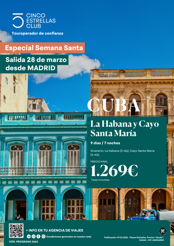 Especial Semana Santa Combinado Habana/Cayo Santa Maria 9ds/7n  PVP 1.269 &euro; salida 28 de marzo desde Madrid
