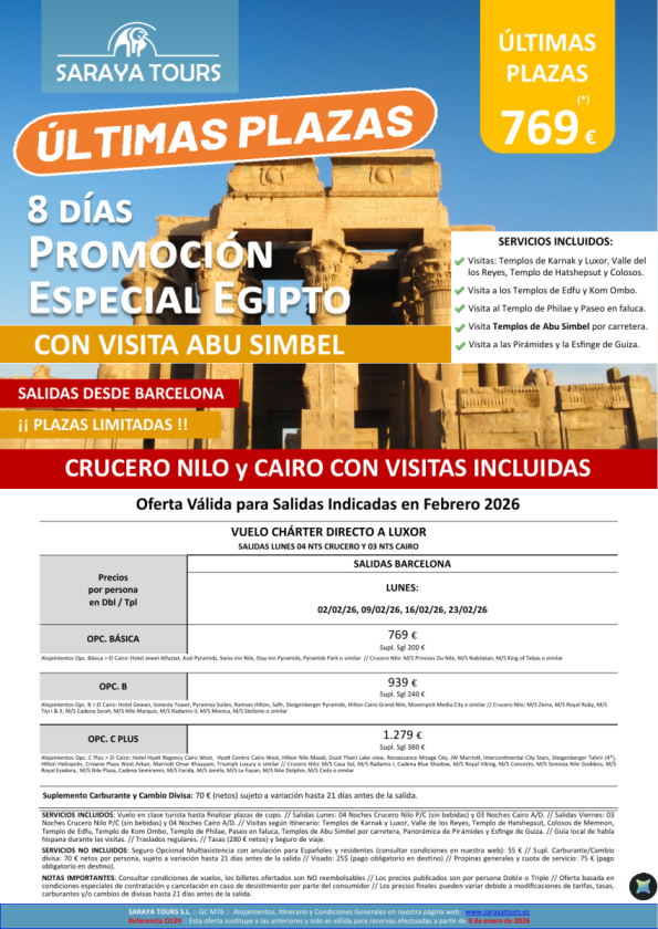 Últimas Plazas Promo Egipto con Abu Simbel 8 días. Vuelo chárter desde BCN. Crucero y Cairo con Visitas.