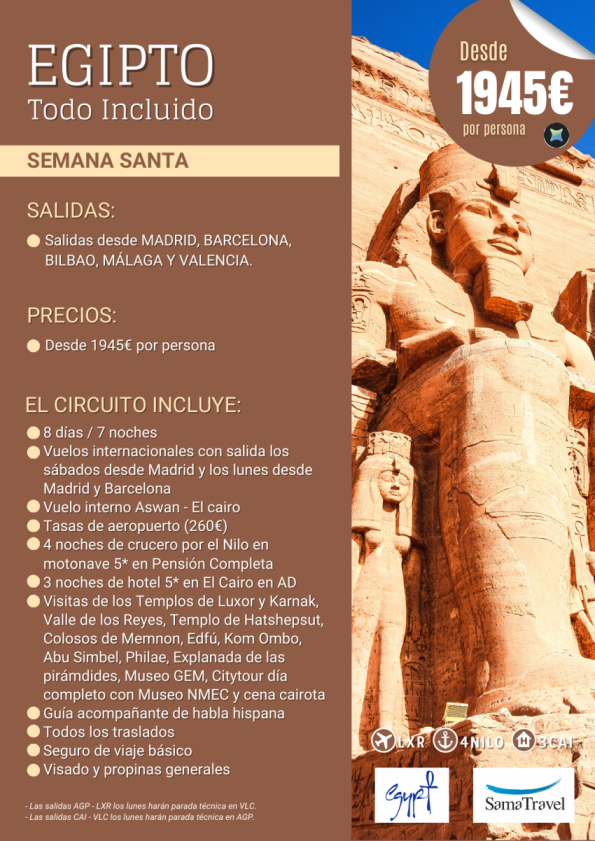 EGIPTO Todo Incluido S.Santa: 8 días crucero +cairo +visitas [desde Mad, Bcn, Bio, Vlc y Agp] **desde 1.945 &euro; **