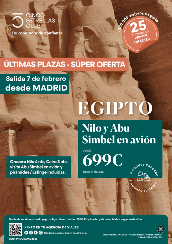 Súper Oferta Últimas Plazas Egipto  Nilo y Abu Simbel en avión 8d/7ns 699 &euro; sal. 07 Febrero desde Madrid