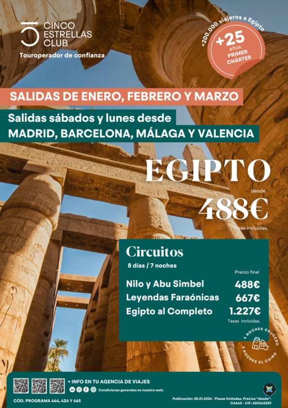 Oferta  resumen Egipto Sal. enero, febrero y marzo dsd 488 &euro; 8ds/7ns sal. sáb. y lunes dsd Mad,Bcn,Vlc y Agp