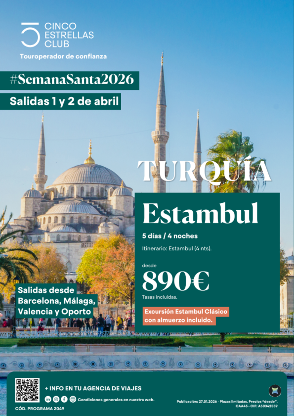Semana Santa Estambul 5ds/4ns sal. 1 y 2 abril dsd Bcn, Agp, Vlc y Opo dsd 890 &euro; exc.Estambul Clásico +comidas