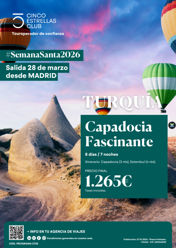 Cupos| Semana Santa Capadocia Fascinante 8ds/7ns  PVP 1.265 &euro; sal. 28 marzo dsd Madrid