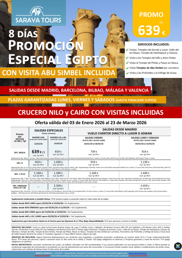 Promo Egipto con Abu Simbel 8días. *Salidas Mad, Bcn, Bio, Agp & Vlc* Crucero y Cairo desde 599 &euro; 