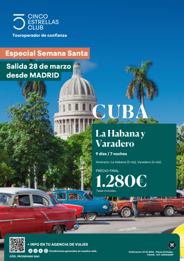 Cupos | Esp. Semana Santa La Habana- Varadero 9d/7ns PVP 1.280 &euro; sal. 28 marzo desde Madrid