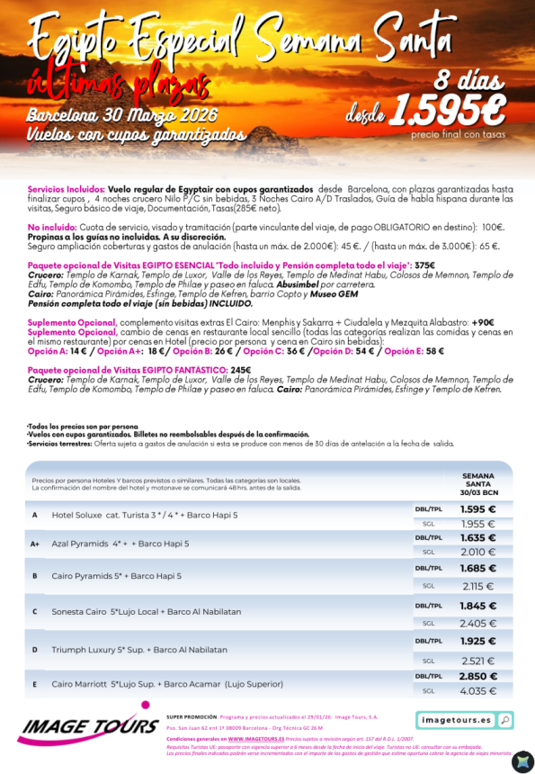 Últimas Plazas! Egipto Charter Semana Santa 2026 salida 30 de marzo, con cupos y precios desde 1.595 &euro; 