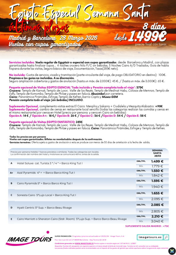 Últimas Plazas! Egipto Charter Semana Santa 2026 salida 28 de marzo, con cupos y precios desde 1.499 &euro; 
