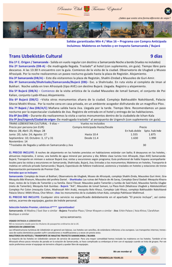 Trans Uzbekistán Cultural  9 días  - Maleteros incluidos -Un gran viaje al precio justo!!  Precio desde 1.555 &euro; 