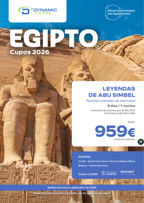 EGIPTO ?Leyendas de Abu Simbel??4cru+3cai?(? Madrid, Barcelona, Valencia, Málaga y Bilbao) desde 959 &euro; 