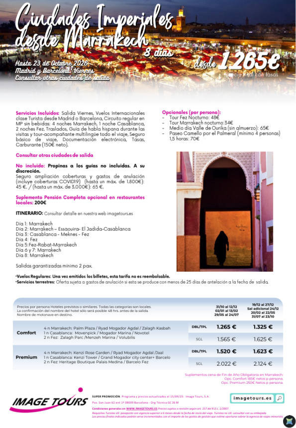 Marruecos: Ciudades Imperiales desde Marrakech, 8 días de viaje desde 1.265 &euro; hasta octubre 2026