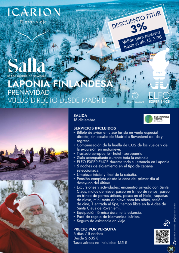 Salla. Laponia finlandesa. Descuento Fitur 3% válido hasta 15/02. Vuelo directo desde Madrid 18 diciembre
