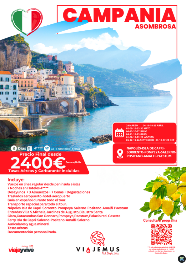 Campania Asombrosa, 8 días visitando Nápoles, Capri, Sorrento, Pompeya, Salerno, Positano, Amalfi, Paestum