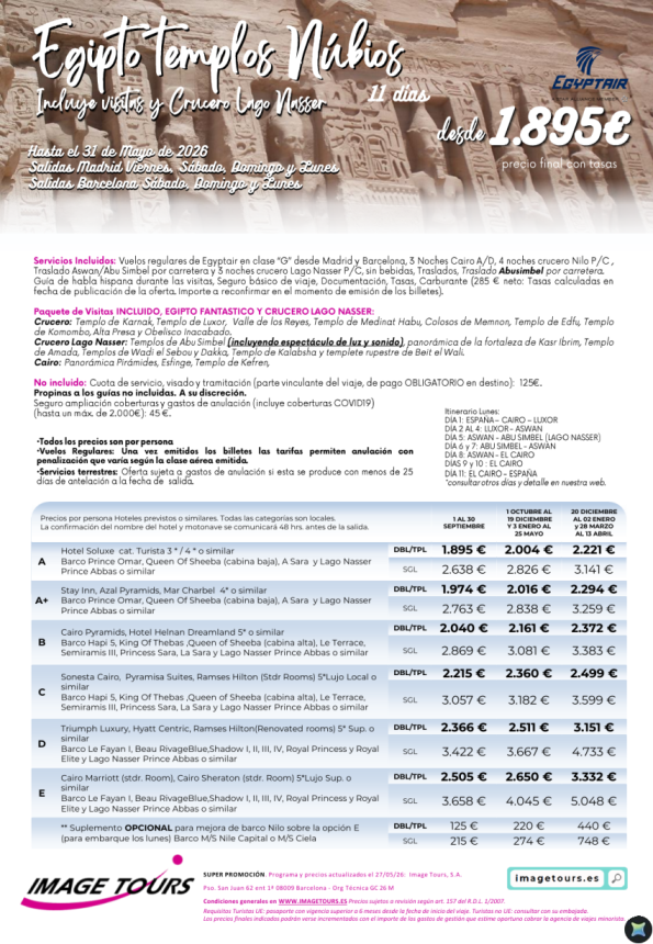 Egipto Templos Nubios, 11 días de viaje con precios hasta mayo 2026 desde 1.895 &euro; con visitas y lago Nasser