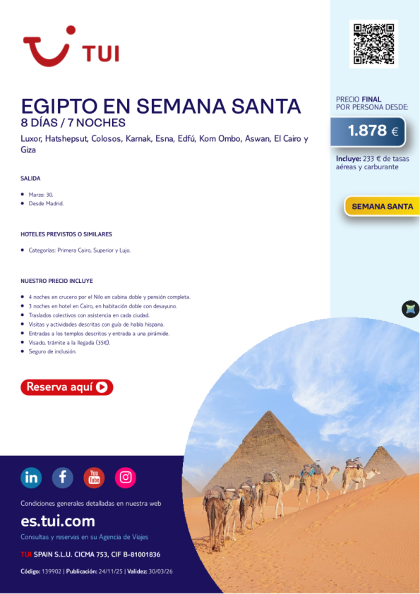  Egipto en Semana Santa. 8 días / 7 noches. Salida 30 MAR desde MAD desde 1.878 &euro; 