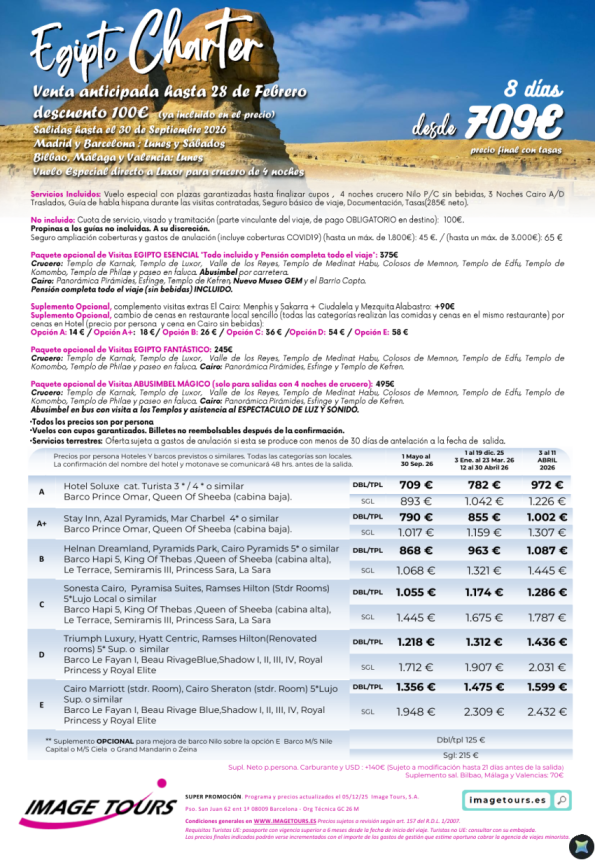 Egipto Charter hasta septiembre 2026 ¡8 días con plazas garantizadas! Venta Anticipada desde 709 &euro; 