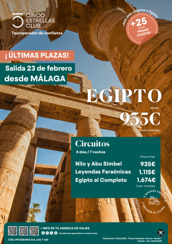 Últimas plazas Egipto salida 23 de febrero con salidas desde Málaga dsd 935 &euro; . Reserva ya!!!!