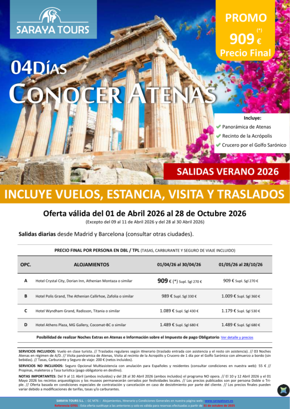 Promo! Conocer Atenas 4 días con Visita Atenas y Crucero Golfo Sarónico incluido hasta Oct26