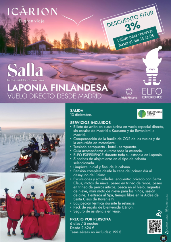 Salla. Laponia finlandesa. Descuento Fitur 3% válido hasta 15/02. Vuelo directo desde Madrid 13 diciembre
