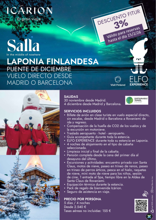 Puente de diciembre en Salla. Descuento FITUR 3%. Válido hasta 15/02. Vuelo directo desde Madrid y Barcelona