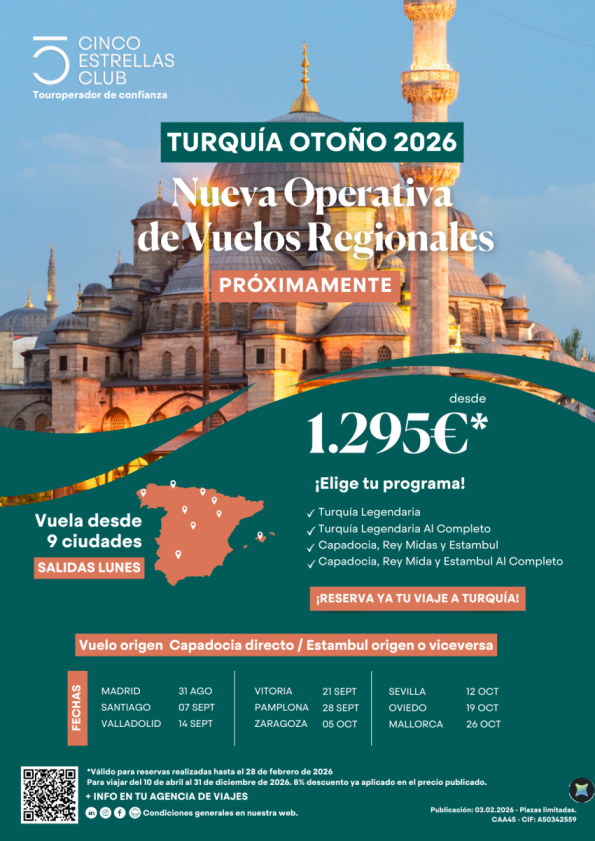  Próximamente Vuelos Regionales Turquía Otoño\'26 dsd 1.295 &euro; sal. dsd Scq,Ovd,Pna,Vit,Zaz,Vll, Mad,Svq, Pmi