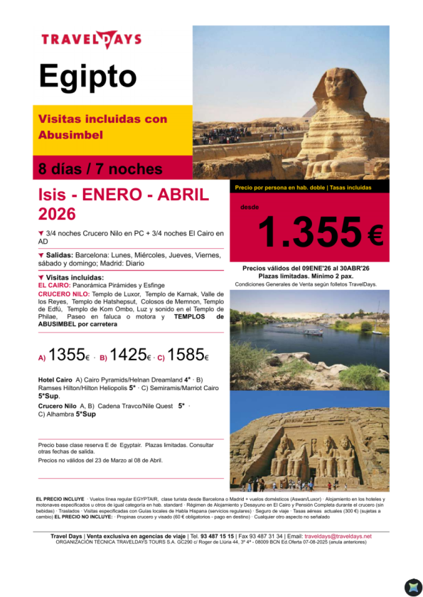 Egipto - ISIS 8 días con vuelos regulares Egyptair desde BCN/MAD a partir de 1.355 &euro; 