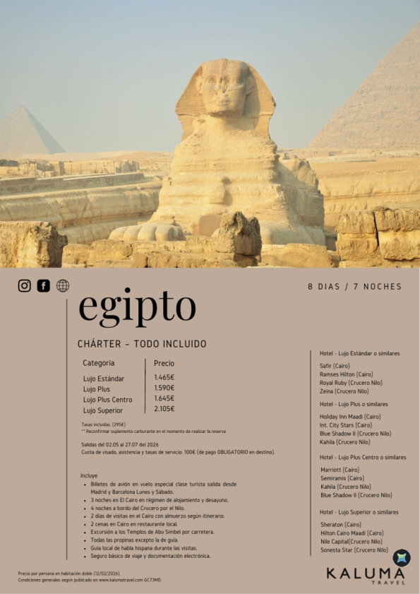 Charter Egipto Todo Incluido - Salidas desde Barcelona y Madrid hasta Diciembre desde 1.465 &euro; 