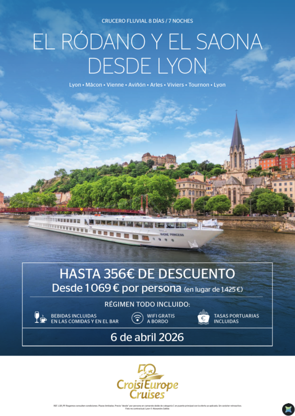 Hasta 356 &euro; DESCUENTO - crucero fluvial por el Ródano y el Saona desde Lyon  - 8 días - Todo Incluido - 6 abril