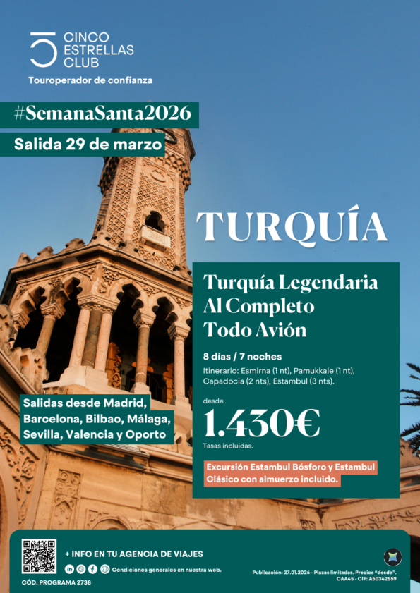 Semana Santa Turquia Legendaria al completo 8d/7n dsd 1.430 &euro; sal 29.03 Mad,Bcn.Bio,Agp,Svq,vlc,Opo Exc.incluid