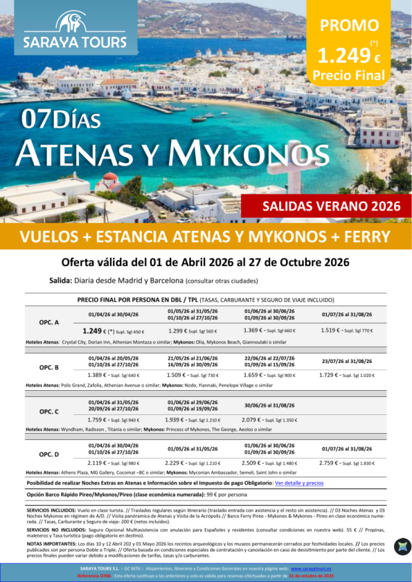 Promo Islas! Atenas y Mykonos 7 días: Vuelo, Hotel, Traslados y Visita Atenas Incluida hasta Oct 26