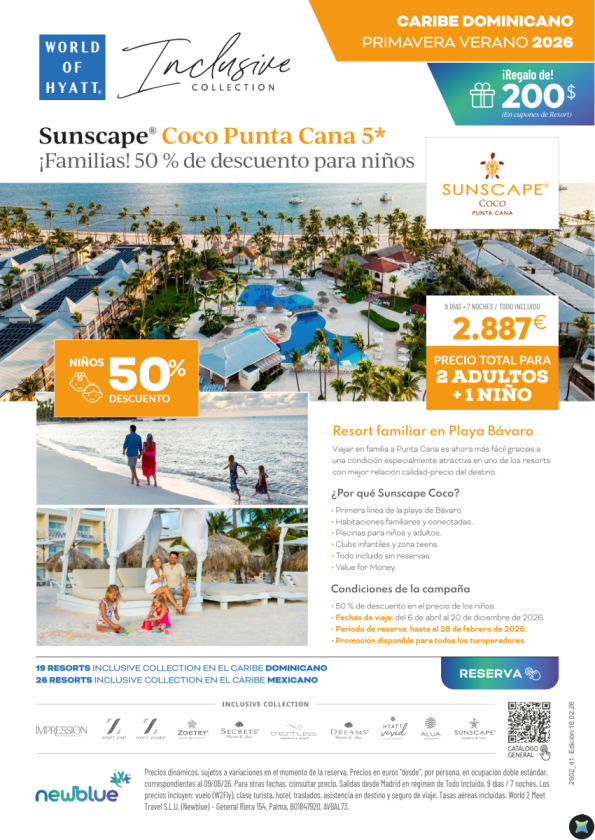 50% NIÑOS Sunscape Coco Car. Dominicano por solo 2.887 &euro; para 2 Adultos + 1 Niño
