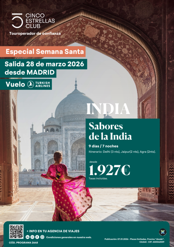 Cupos Semana Santa | Últ. plazas  Sabores de la India PVP 1.927 &euro; 9ds/7ns salida 28 marzo desde Madrid.