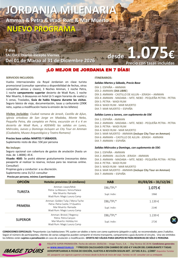 *Ofertón* JORDANIA Milenaria 2026, circuito 7 días Amman, Petra, Wadi rum y Mar Muerto con visitas, dsd 1.089 &euro; 
