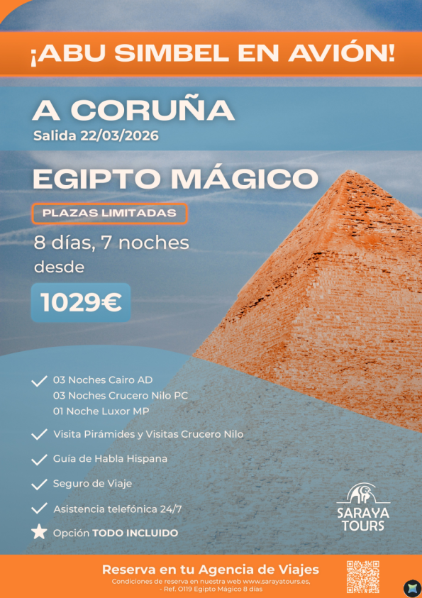 Egipto Mágico con Abu Simbel en avión. Salida Especial desde A Coruña 22Marzo26.