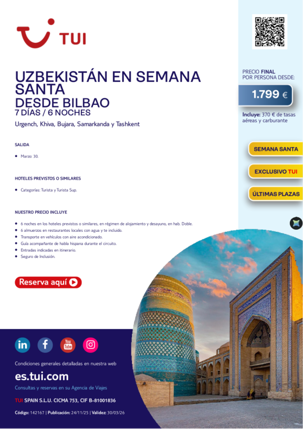 Uzbekistán en Semana Santa. 7 días / 6 noches. Exclusivo TUI. Últimas plazas. 30 MAR desde BIO desde 1.799 &euro; 